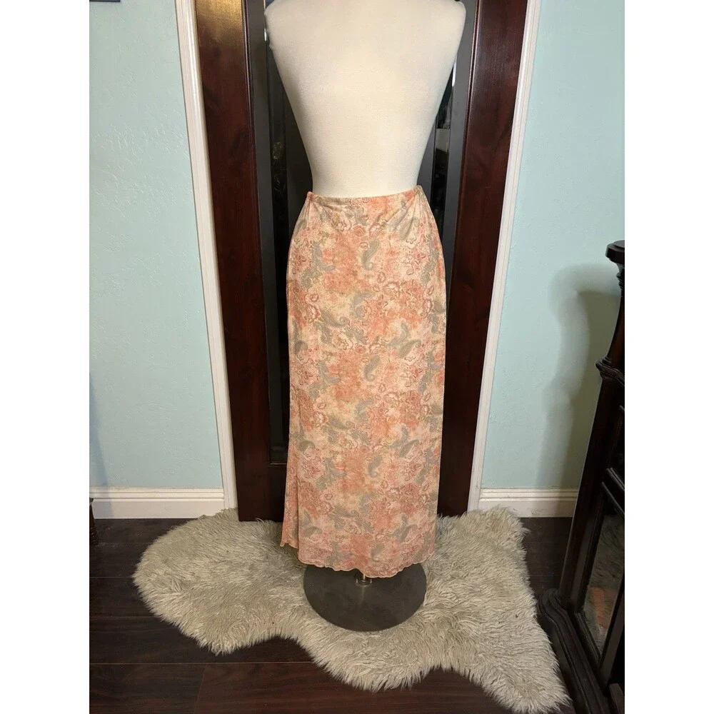 New See You Monday Coral &Grey floral paisley Boho Maxi lined skirt L